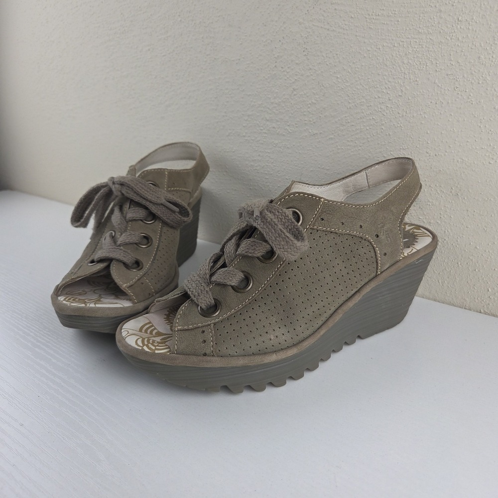 Fly London Sandals Yuta Tan Lace Up Wedge Slingback Casual Womens US 7.5-8 EU 38